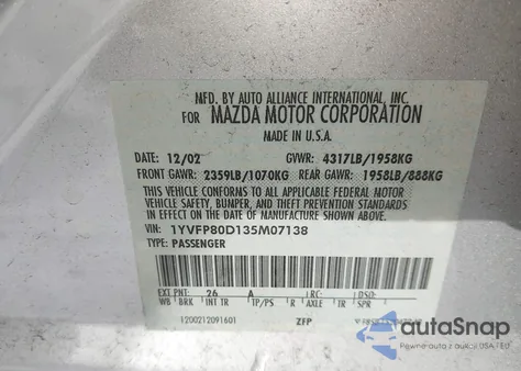 2003 Mazda Mazda6 S из США, поврежденный, VIN 1YVFP80D135M07138